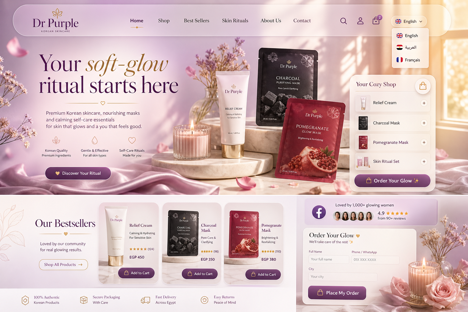 Dr Purple cozy skincare products on satin and marble